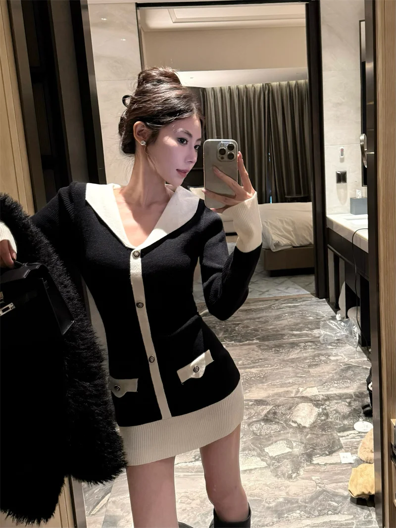 女性用Vネックニットペンシルドレス,長袖,シングルブレスト,ミニセーター,ボトムス,対照的な色,新しいファッション,秋,冬