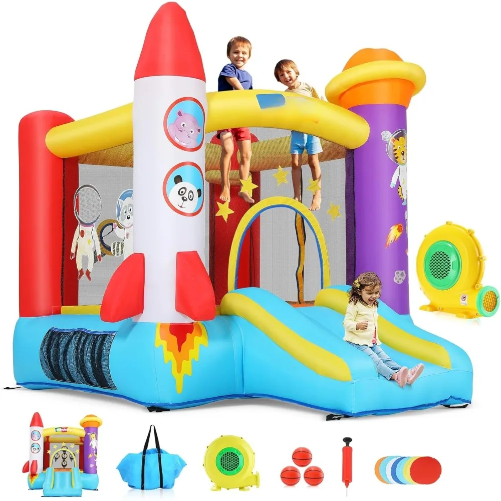 

Rocket Toddler Bounce House for Kids 3-8: 5-in-1 Inflatable Space Bouncy Castle - Jumping Area, Slide, Basketball