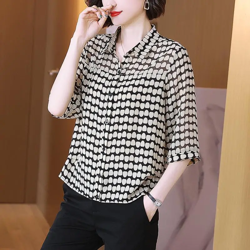 2024 Summer Women\'s Fashion Print Turn Down Collar Button Up Shirt Casual Three Quarter Sleeve Chiffon Blouse Ladies Loose Tops