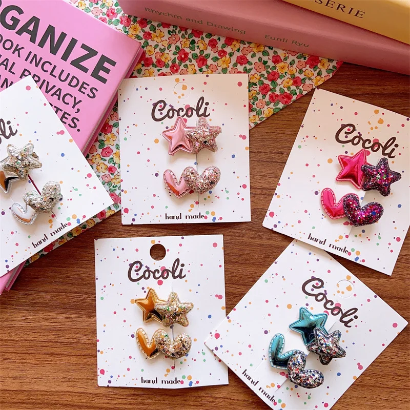 

Children Cute Color-blocked Stars Duckbill Clips Baby Girls Sweet Love Heart-shaped Sparkling Pink Mini Small Bangs Side Haipins
