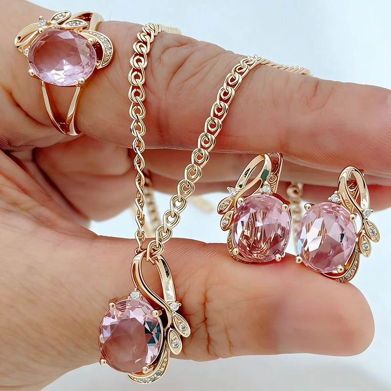 

Комплект украшений Kinel Hot 585: колье, серьги и кольцо из розового золота с натуральным цирконом, винтажный стиль, для невесты, блестящий розовый цвет