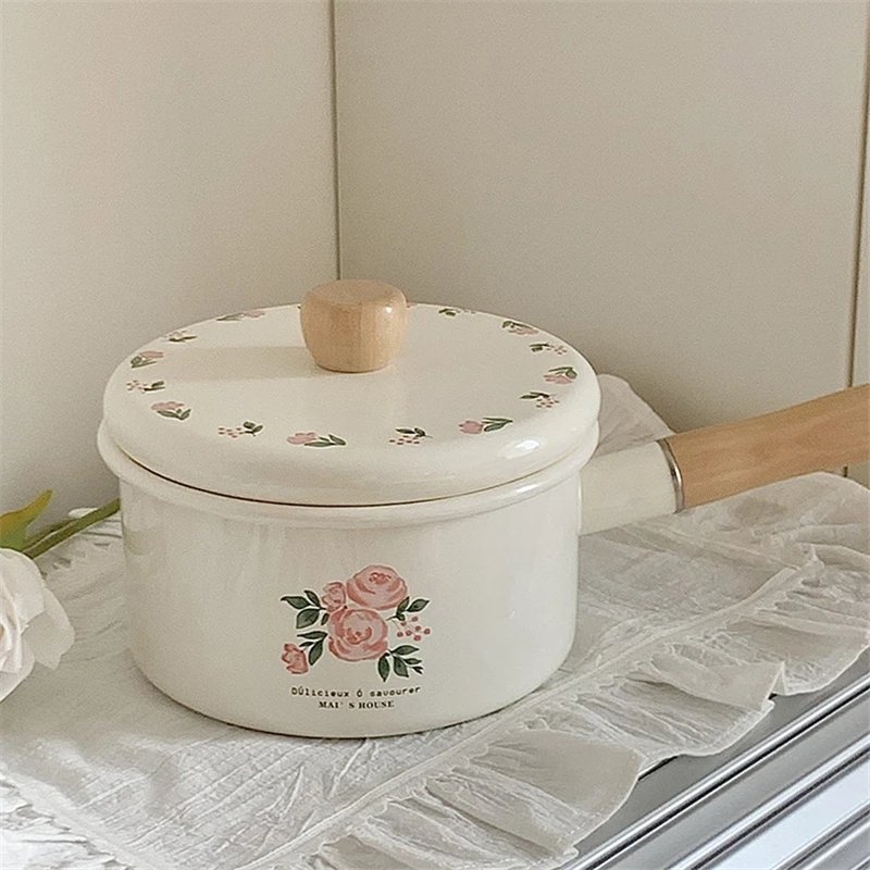 Enamel Milk Pan With Lid Vintage Pink Rose Kitchen Pots Offers Baby Food Pot Small Noodle Soup Pot Enamel Cookware Utensils