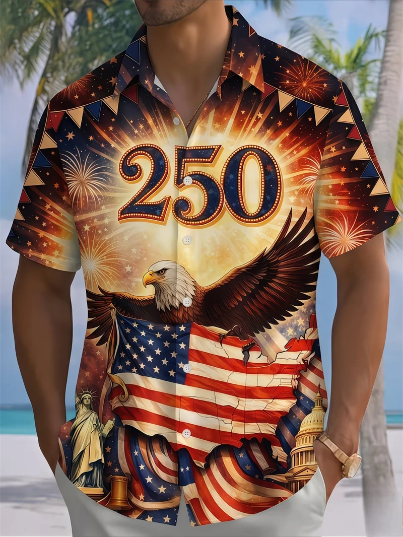 250th Anniversary USA Men Hawaiian Shirt 250 Years USA Independence Day Shirt 4th Of July Patriotic Gift Summer Oversized Shirts