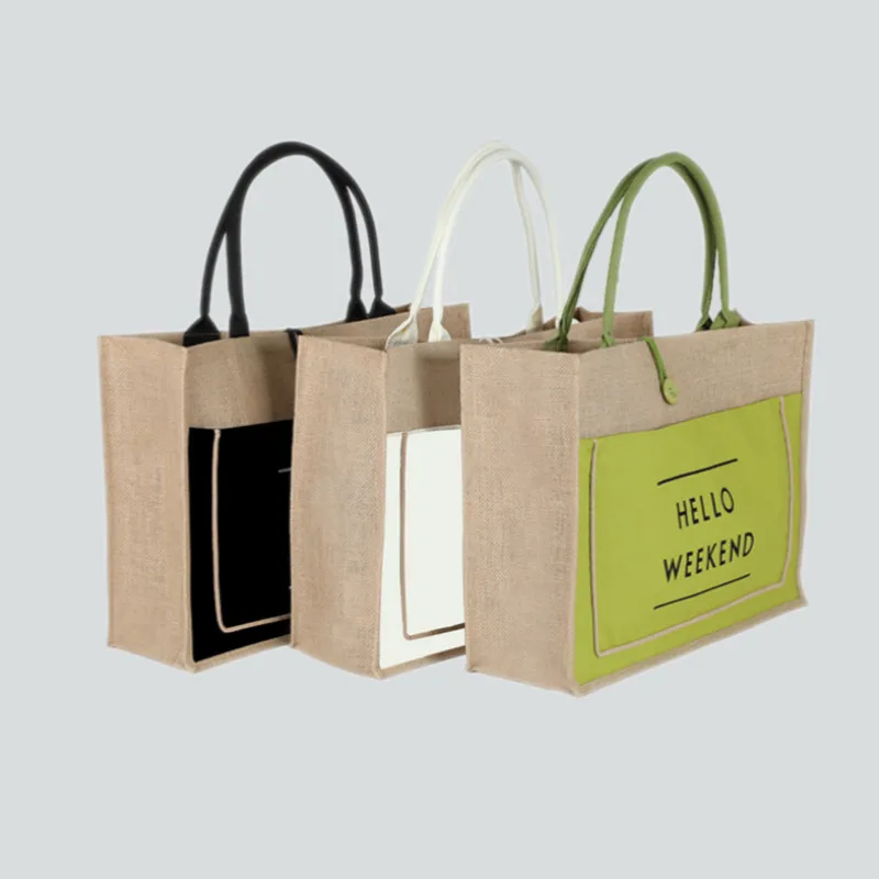 

Women Female Big Capacity Shoulder Bags Jute Cotton Tote Handbags Hello Weekend Printing Shopping Bag Portable Reusable Shopper