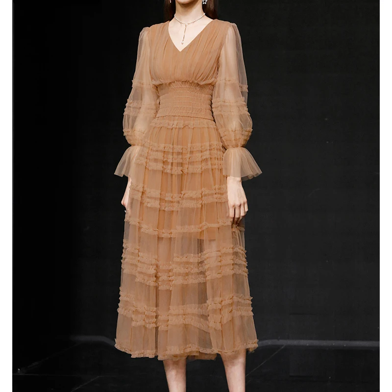 

2022 Spring New Women's Clothing Temperament Elegant Ladies Lantern Sleeves Mesh Large Swing Fairy Dress Long Skirt