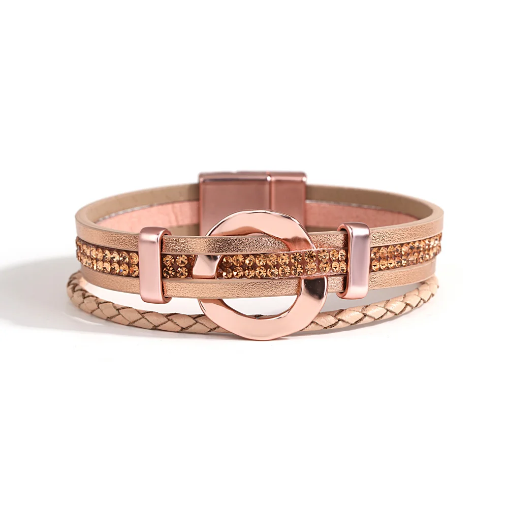 ALLYES Fashion Geometric Circle Bracelet for Women Elegant Multilayer Crystal Chain Braided Wrap Leather Bracelets Jewelry Gift