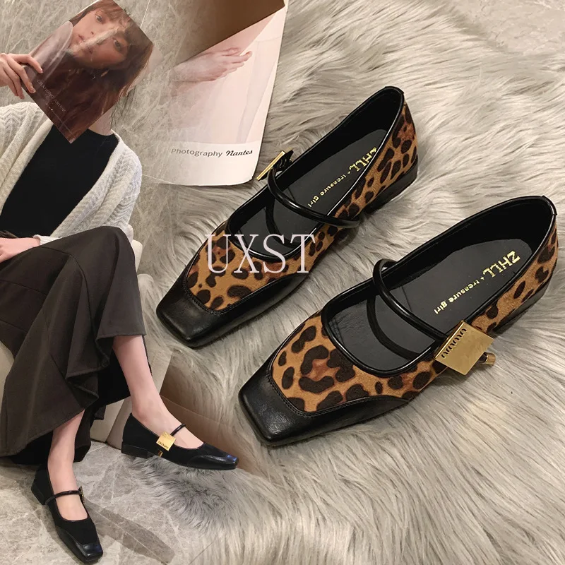 Женские туфли Мэри Джейн с леопардовым принтом и неглубоким носком, женская обувь большого размера на толстом каблуке с квадратным носком, размеры 35–45 Женские туфли Мэри Джейн с леопардовым принтом и неглубоким носком, женская обувь большого размера на толстом каблуке с квадратным носком, размеры 35–45
