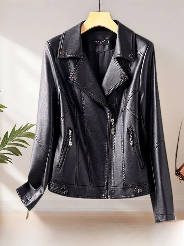 

Faionable ort Genuine eepskin Leather Jaet 2025 Spring Autumn Slimming Biker Waist-Cinching Outerwear Ele Sle