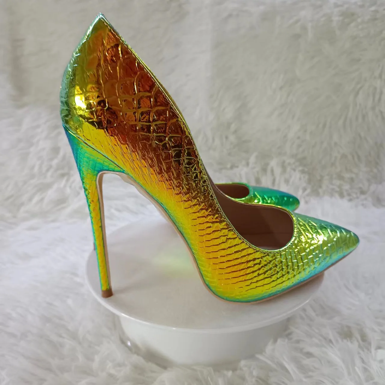 Gold Laser Pumps Green Snake Pattern Mixed Color Shallow Pointed Toe Stiletto Spring Summer Cover Heel 12CM Shoes Plus Size 45