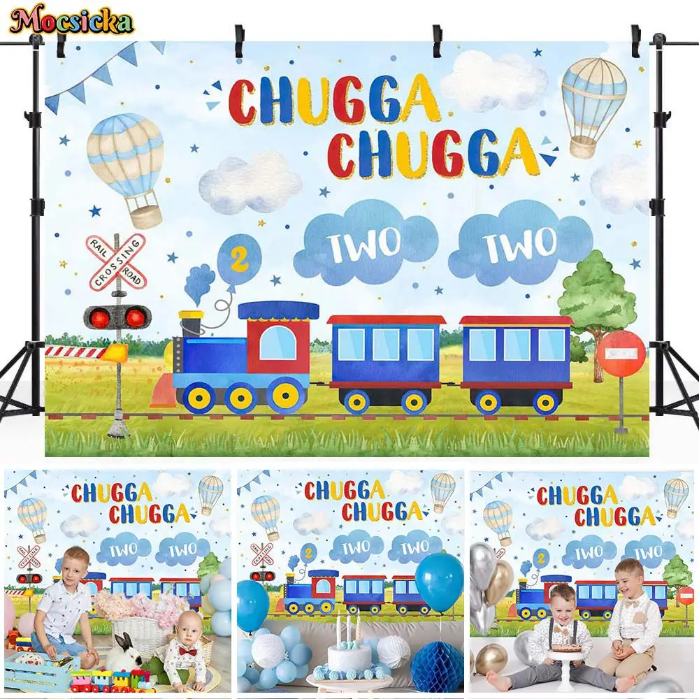 

Mocsicka Choo Choo Train Kids 2nd Birthday Backdrop Hot Air Balloon Boy Two Cake Smash Portrait Photography Background Photocall