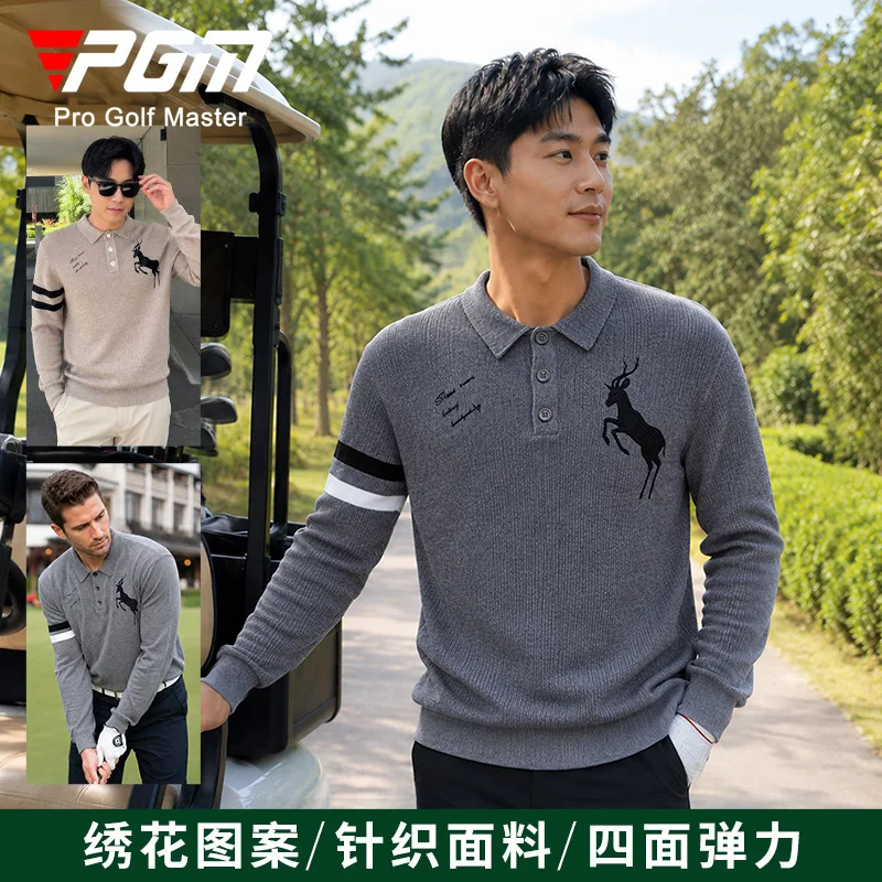 PGM Mens Golf Long Sleeve Shirt Embroidered Pattern Autumn Winter Knit Soft Turn Down Collar Stretch Sports Top Women