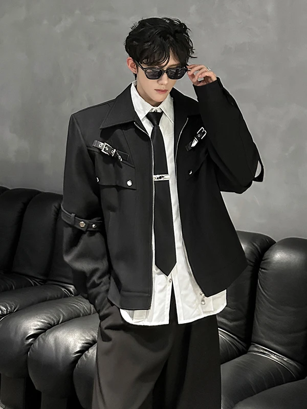 

Мужская куртка в стиле деконструированного дизайна с металлическими элементами и поясом, из полиэстера, для весны и осени, модная верхняя одежда