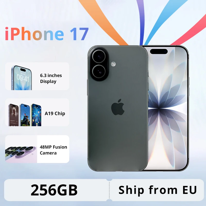 Smartphone Apple iPhone 17 256 Go, écran OLED 6,3 pouces, puce A19, double caméra Fusion 48 MP, double eSIM, NFC, reconnaissance faciale
