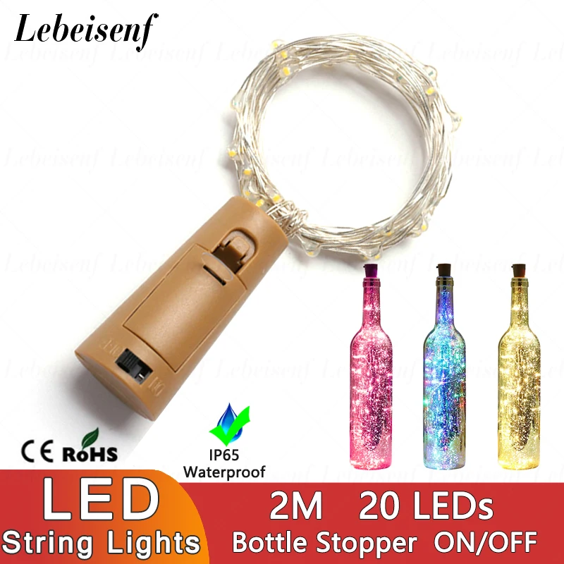 

New 2M LED Wine Bottle Stopper Copper Wire String Lights Battery Powered 20 LEDs Lamp for Christmas Party Wedding Bar Decoration