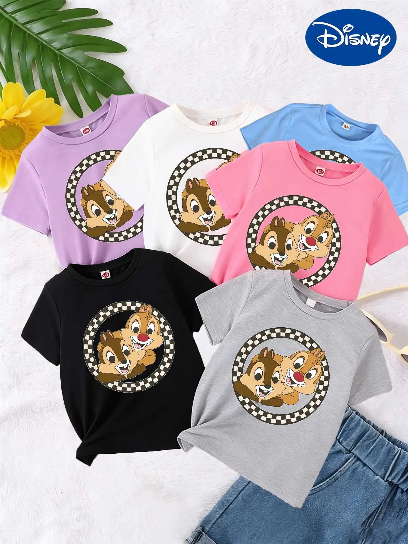 

Disney Chip and Dale checkerboard circle short-sleeved loose-fitting summer T-shirt for boys and girls.