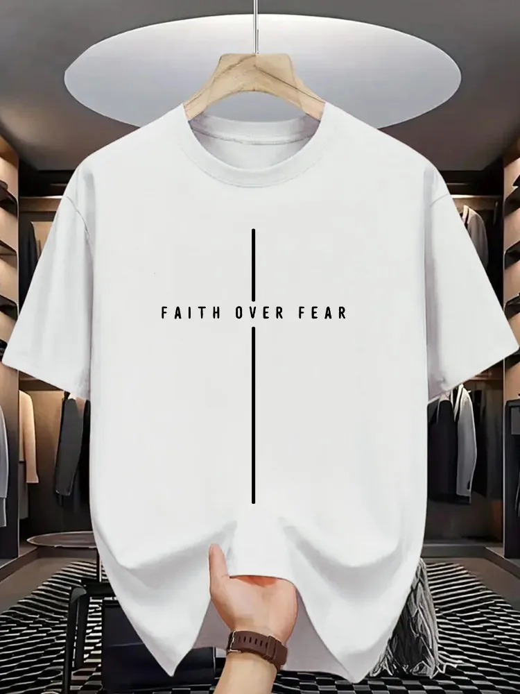 Mens Round Neck Tee Faith Over Fear Cross Minimal Letter Print Breathable Cotton Simple Religious Daily Casual Short Sleeve Top