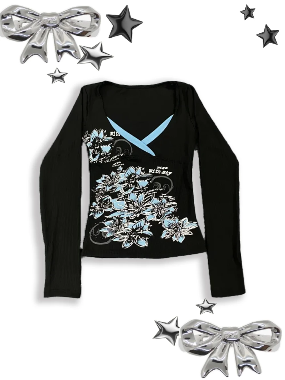 

Y2K тысячелетний пикантный стиль девушки в стиле ретро с цветочным принтом, осенняя облегающая футболка с длинными рукавами и крестом с v-образным вырезом, топ для женской моды