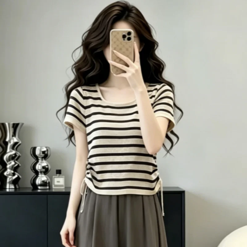 Anti-Aging Korean Style Women's Summer Outfit High Waist Slimming Striped Short Sleeve T-Shirt And Shorts Fashionable Ensemble