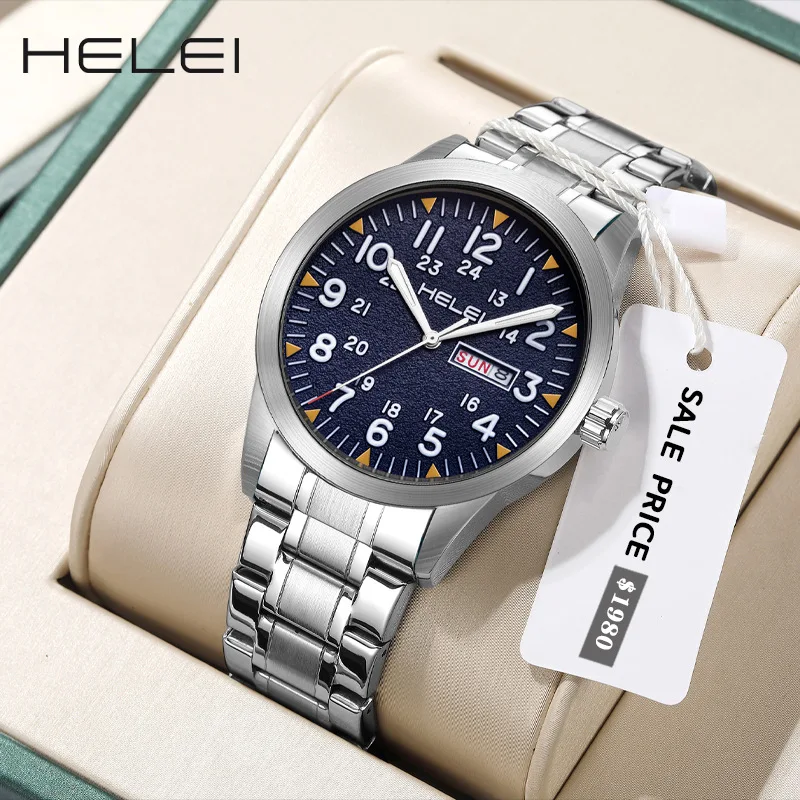 HELEI New 2026 Casual Waterproof Watch Men's Quartz Watch Stainless Steel