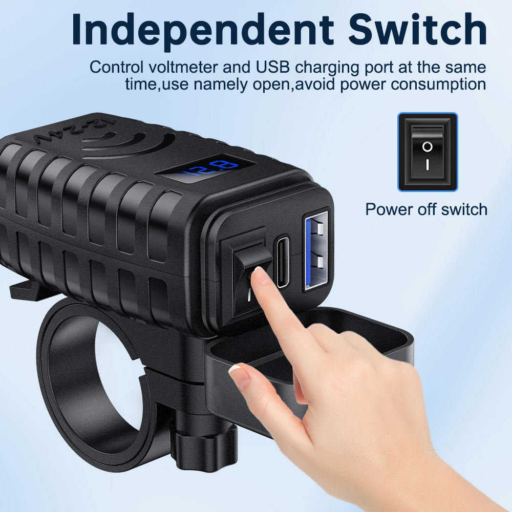 Motorcycle Phone Charger Waterproof Motorcycle USB Charger Socket with Voltmeter & ON/Off Switch for Phone, Tablet, GPS