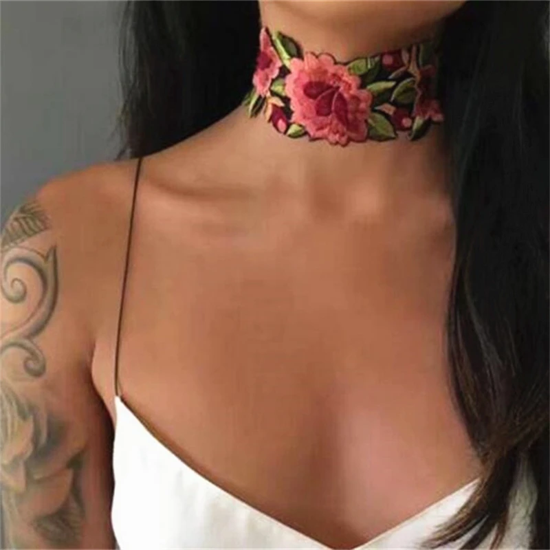 Romantic Big Rose Flower Choker Necklace Sexy Adjustable Embroidery Necklaces Clavicle Chain Women Wed Bridal Jewelry Accesorios