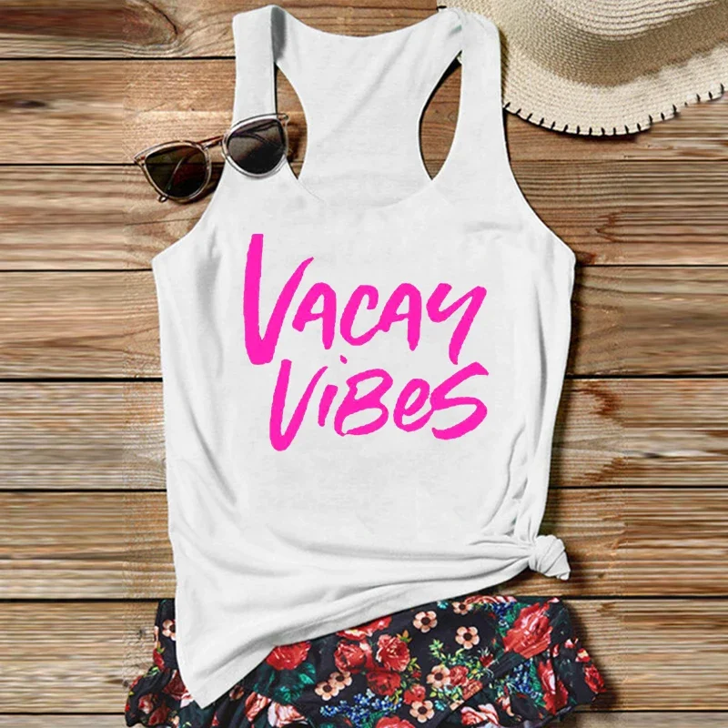 

Summer Vibes Tanks Top Vacation Tanks Beach Fashion Clothing Summer 2024 Vacation Graphic Women Tops Pink M