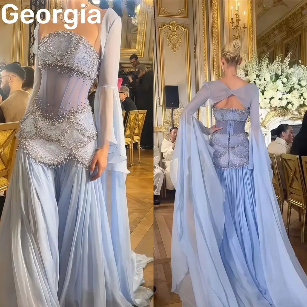 Sukienki wieczorowe damskie w kształcie litery A, bez ramiączek, do ziemi, z koralikami, zapinane na zamek, z długimi rękawami, z falbanami, w kolorze jasnego niebieskiego.