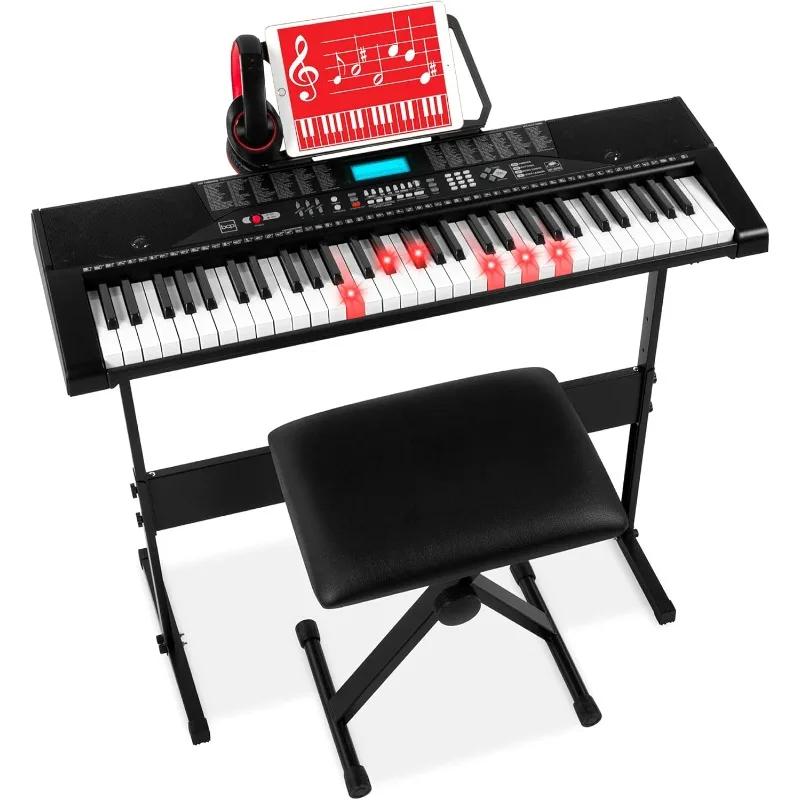 

Best Choice Products 61-Key Beginners Complete Electronic Keyboard Piano Set w/Lighted Keys, LCD Screen,Headphones,Bench - Black