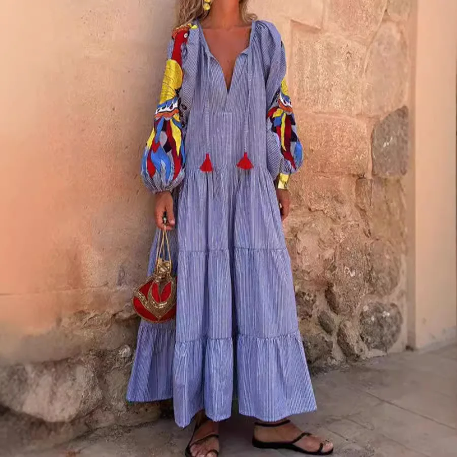

Fashion V-neck Lantern Sleeves Bohemian Dress Female Casual Lace-up Tassel Sexy Striped Print Pleated Loose Long Dress Women