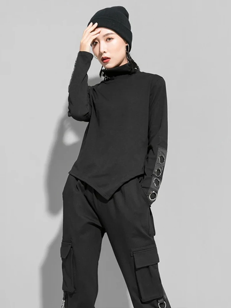 Amax LuluE 2025 Spring Fashion British Womens Punk Loose Tee Shirts Ladies Casual Black Tops Turtleneck Design Luxury Clothing