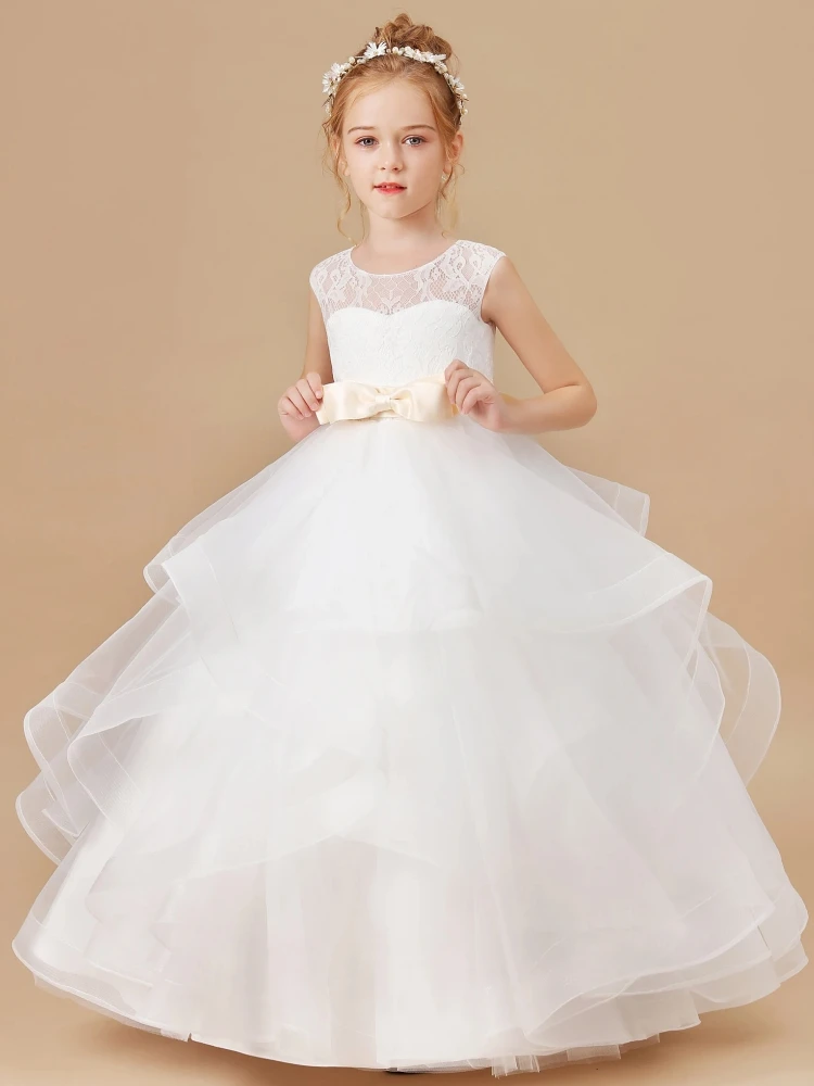 Flower Girl Dresses White Tiered Flory Appliques With Champagne Bow Belt Sleeveless For Wedding Birthday Holy Communion Gowns