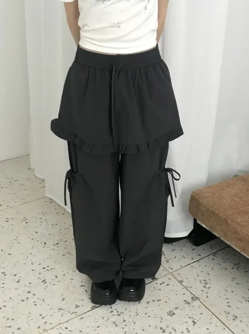 Women Y2K Fake Two‑Piece Skirt Pants Ruffle Hem Drawstring Wide Leg Trousers Bow Side Strap Gothic Streetwear Casual Pants