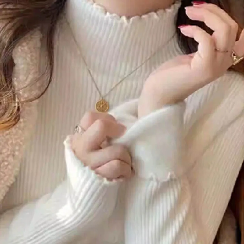 

Autumn and winter plus velvet thick lace collar sweater, casual warm ladies temperament striped pullover