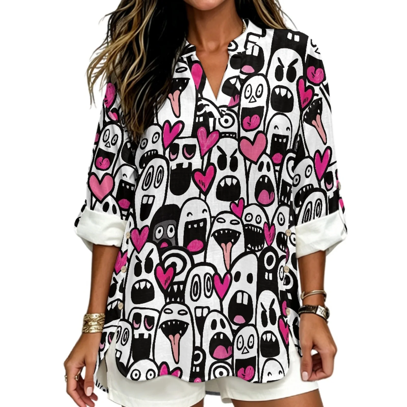PENSTROLL Ghost Heart Design Long Rolled Sleeve V Neck Tunic Blouses for Autumn Linen Like Long Sleeve Shirts Sizes S-5XL