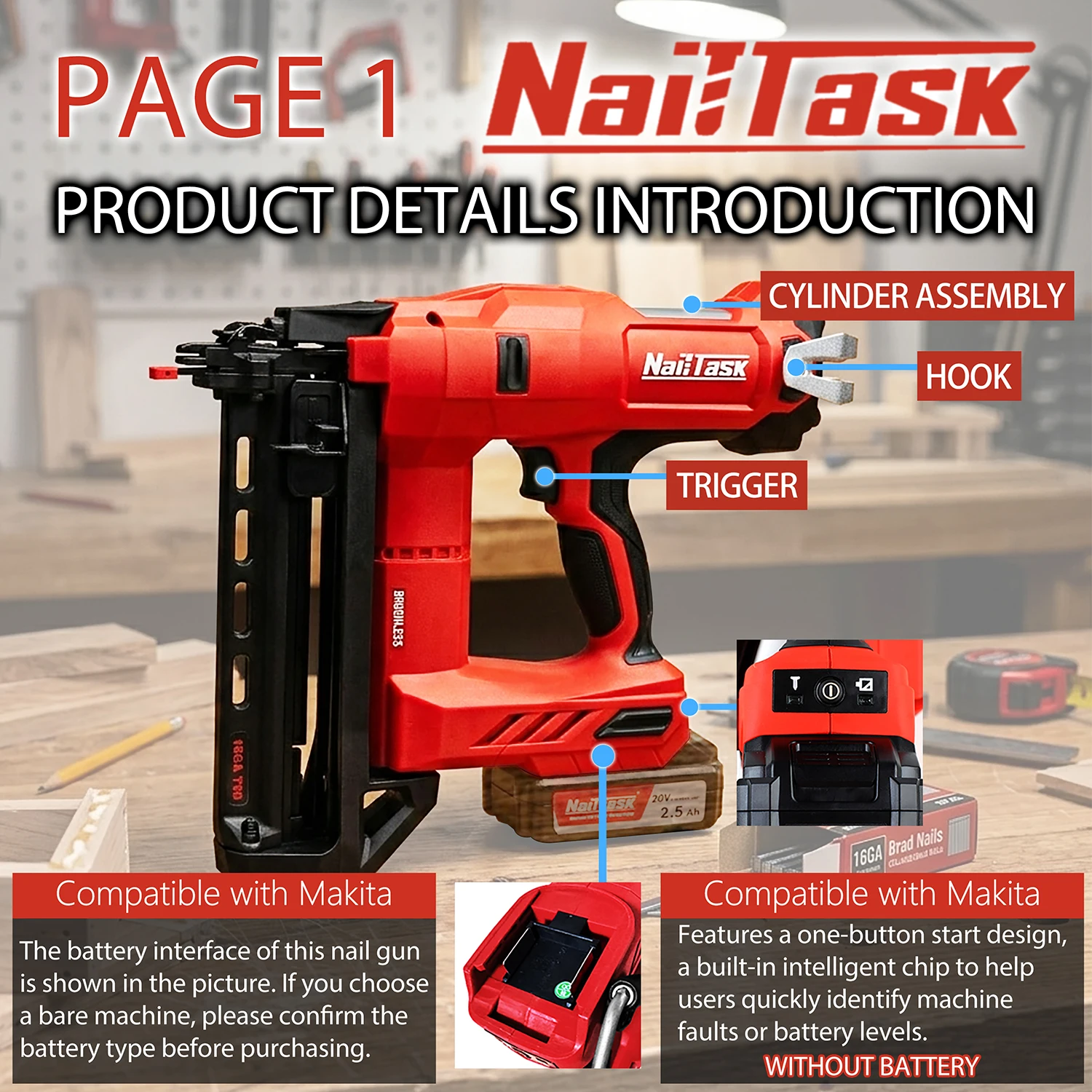 20V Cordless 16GA Finish Nailer Brushless Motor for Woodworking Trim Wood Projects 1