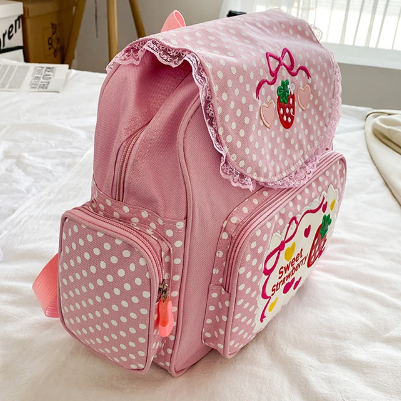 حقيبة مدرسية للأطفال من Pink Girl مطرزة بشكل لطيف على شكل فراولة متعددة الجيوب من النايلون للكلية العصرية للفتيات المراهقات