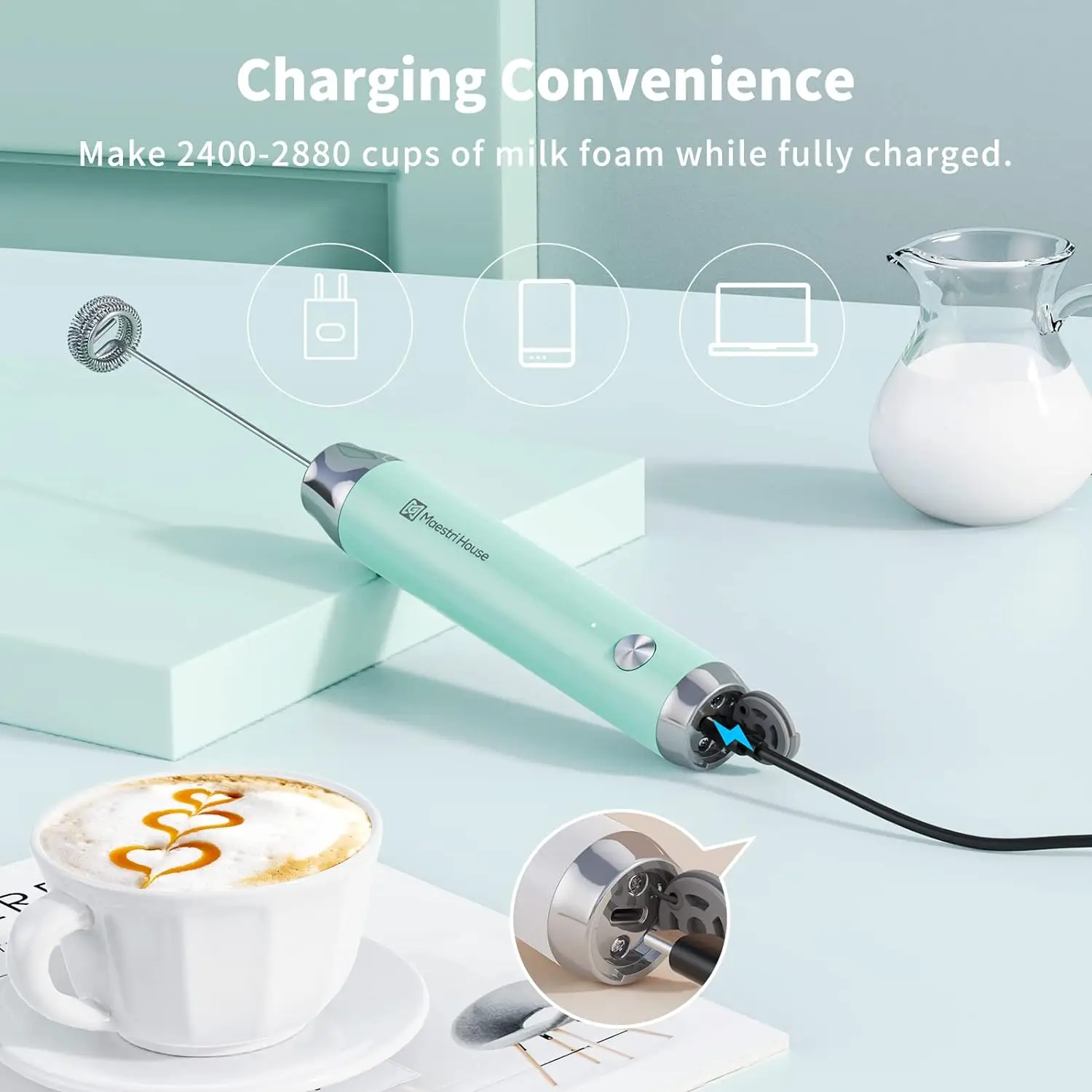 Maestri House Mousseur à lait USB-C aste sans fil déterminer mélangeur pour lattes de café Cappuccino fabricant de mousse de chocolat chaud