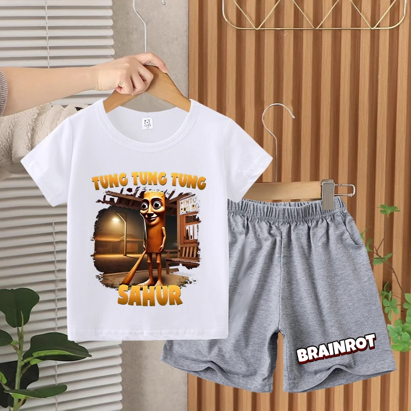 Brainrot italiano crianças camiseta shorts conjunto de algodão verão meninos roupas aniversário presentes moda em torno do pescoço impresso crianças roupas
