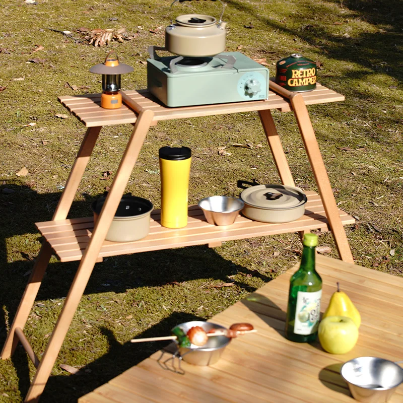 Camping Double-Layer Storage Rack Outdoor Storage Shelf Solid Wood Triangular Hanging Rack BBQ Picnic Storage Shelf