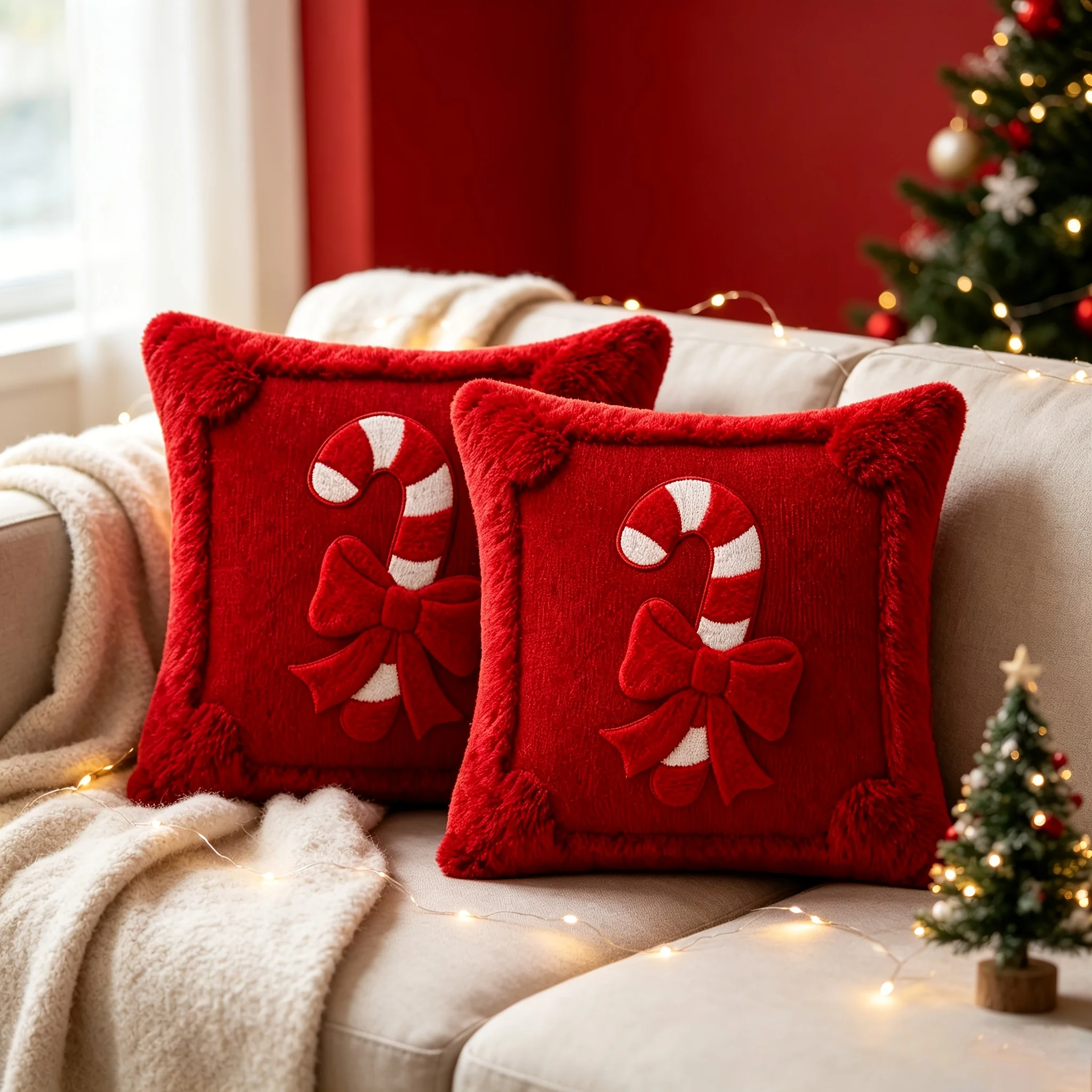 Pillow Insert 18X18 - クリスマス柄の枕カバー2枚セット（18インチ×18インチ）、ふわふわのキャンディリボン素材、クリスマス、ハロウィン、秋、冬に最適なソファやベッド用の柔らかいクッションカバー、中材は付属しません。