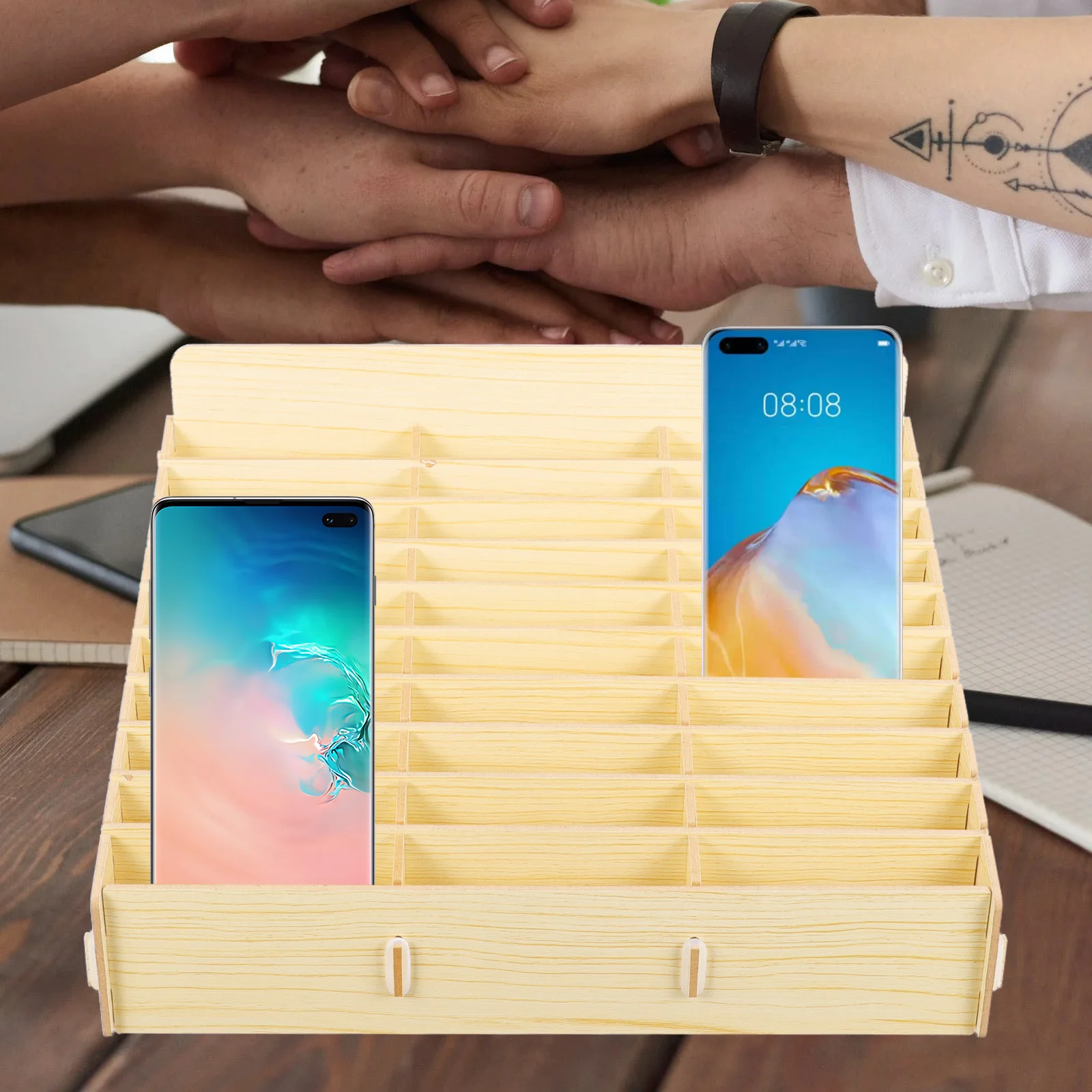 Mobile Phone Management Box Storage Holder Desktop Organizer Office Container Multiple Wood Cell Wooden