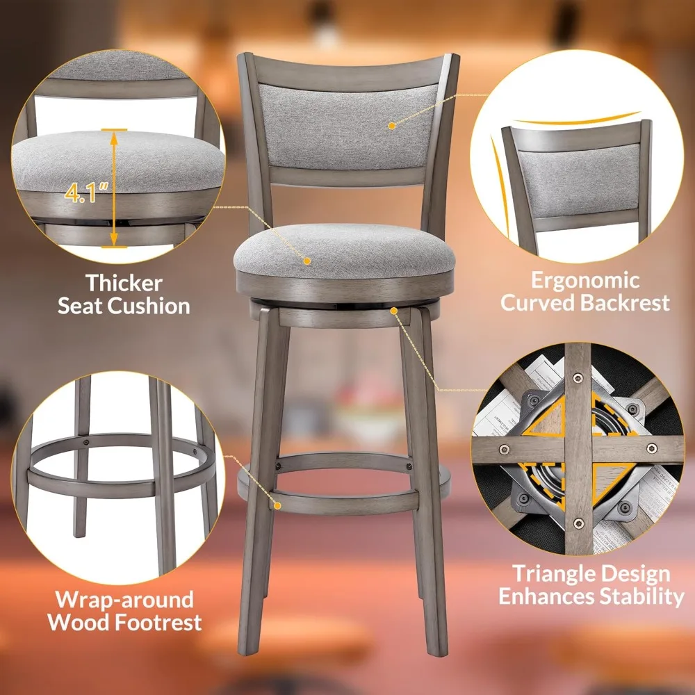 Swivel Bar Stools Set of 4, High Back Bar Stool with Solid Wood Legs & Wrap-Around Footrest, 30 Inch Bar Height Barstools