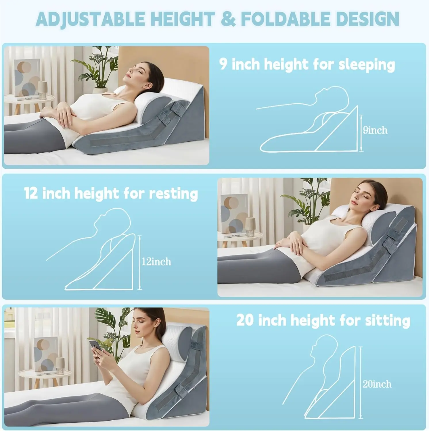 3Pcs Wedge Pillow For Sleeping, 15-In-1 Orthopedic Bed Wedge Pillow Set Adjustable Memory Foam Wedge Pillow For After Surgery,