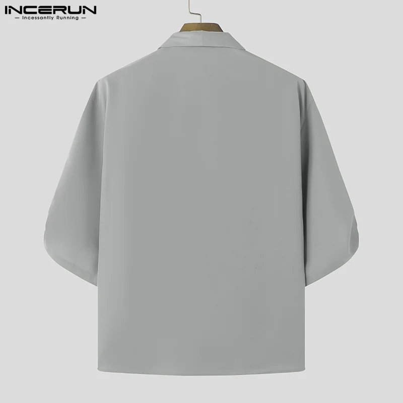 INCERUN Men Korean Fashion Tops Casual Mid Sleeve Solid Shirts Button Trun-Down Collar Streetwear Male Elegant Outfits 2024