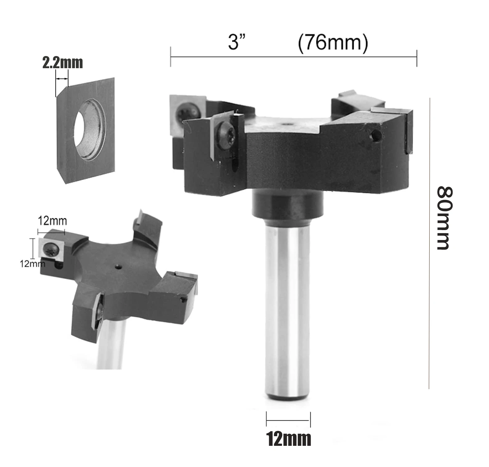 1pc 1/2“ 12mm Shank 4 Flutes Insert-Style Spoilboard CNC End Mill Precision Face Milling Cutter Router Bit For Woodworking Tools