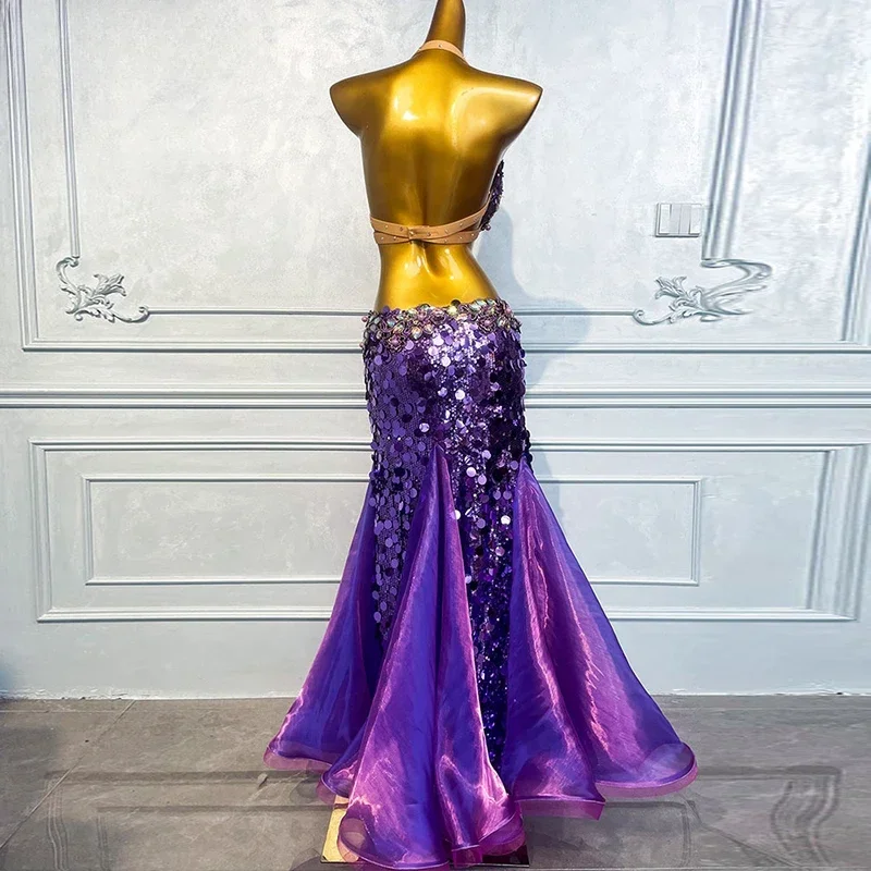 customized belly dance costume women's purple heavy industry diamond hot stamping bead bra hip wrapped fish tail long skirt set