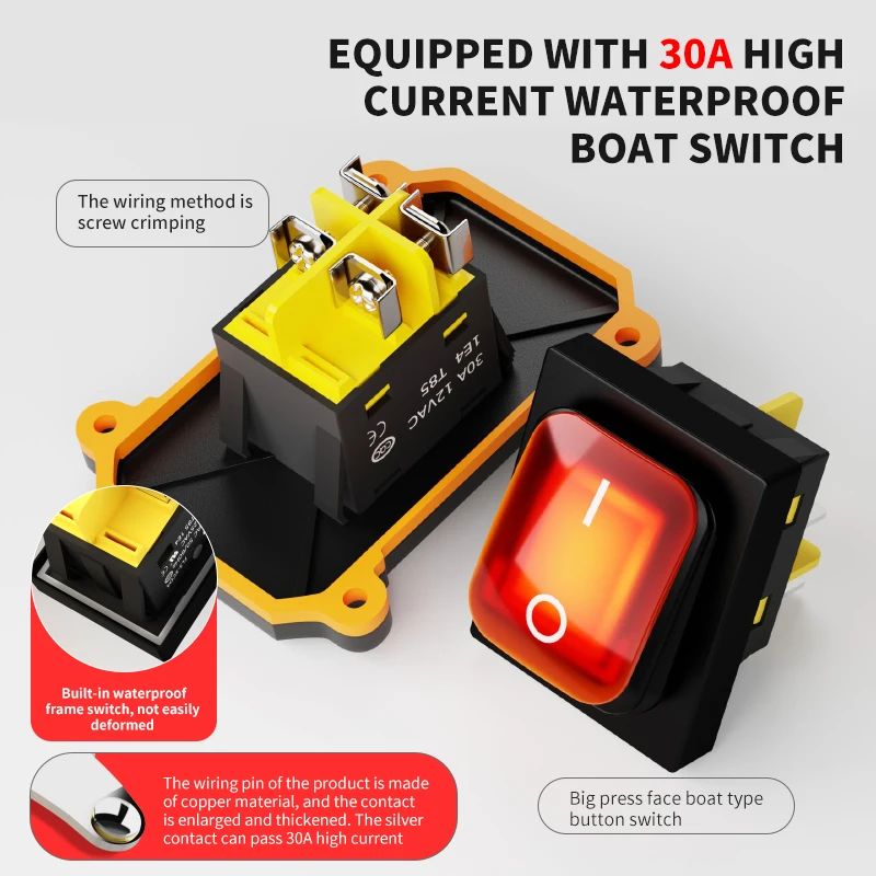 FILN 30A Waterproof inline Switch IP66 Sealed Outdoor Auto/Boat/Marine Rocker Switch LED Box & Inline Cord 12 24V 110V 220V