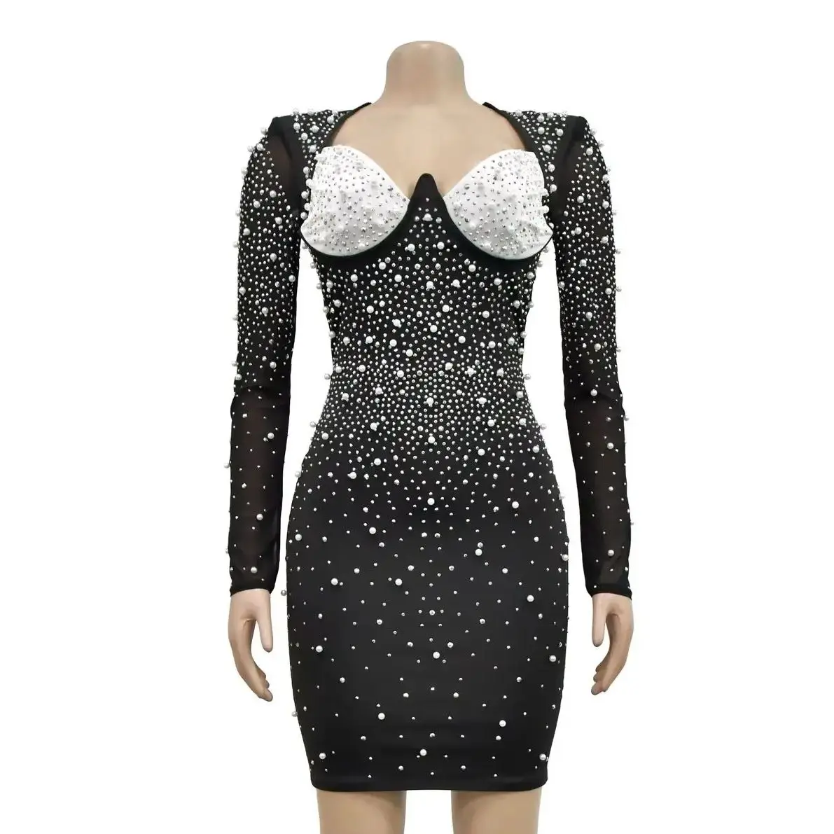 

Solid Color Super Shiny Mesh Hot Diamond Long Sleeve Short Skirt Dress
