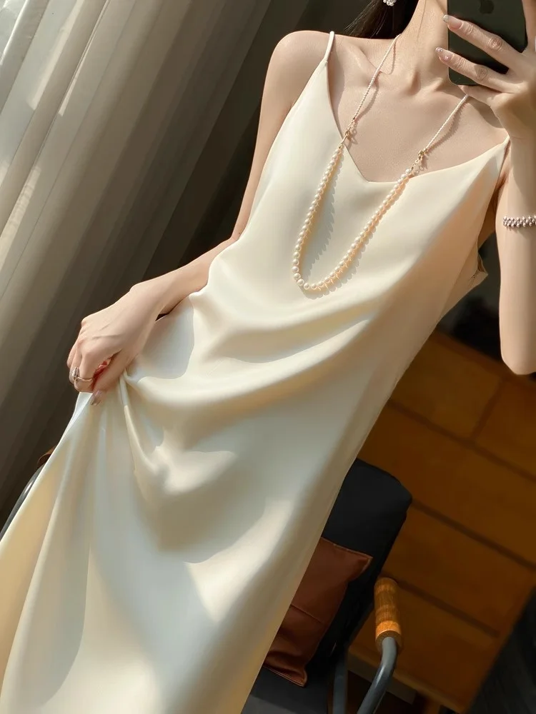 실크 브이넥 랩 드레스 아세테이트 새틴 롱 드레스 여름 신상 여성용 뽕나무 실크 슈트 이너웨어 스트랩리스 가운