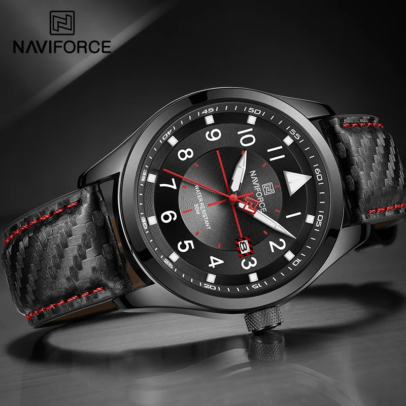 NAVIFORCE Men Original Black Leather Wristwatch 30m Waterproof Casual Quartz Calendar Male Clock with Luminous Hands Man Watches